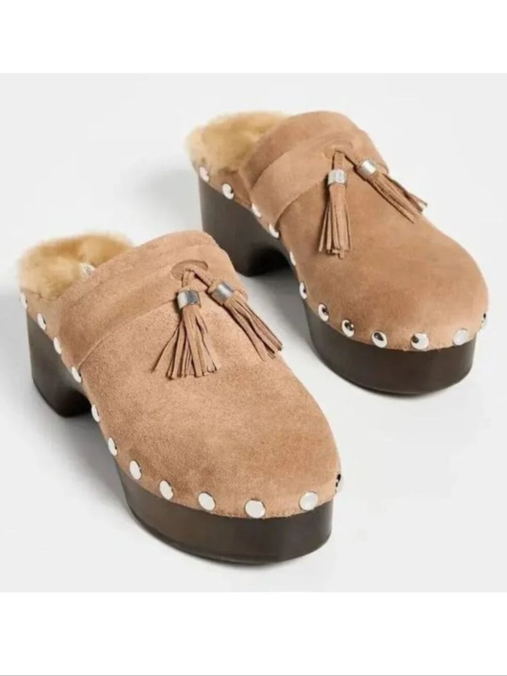 Rag & Bone Johannes Suede Shearling Tassel Clogs Size 40 10 Chunky NEW $475